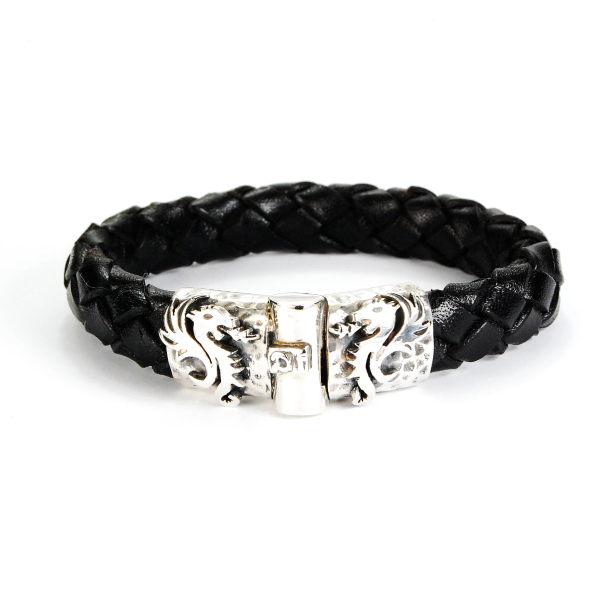 Silver Leather Bracelet DRAGON FIRE Jointlock Hammered 13