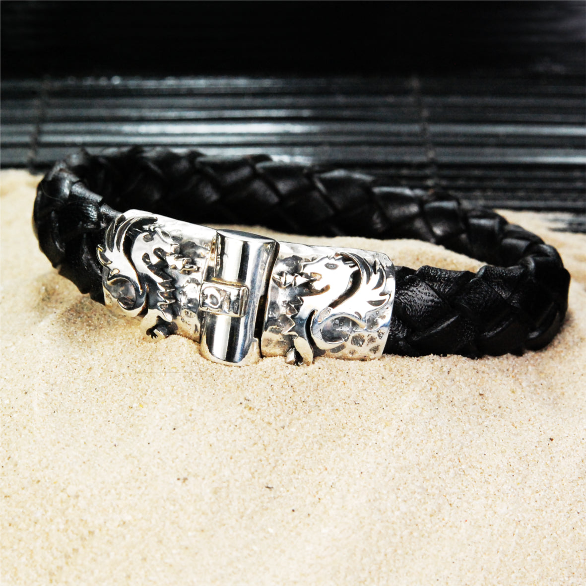 Silver Leather Bracelet DRAGON FIRE Jointlock Hammered 13