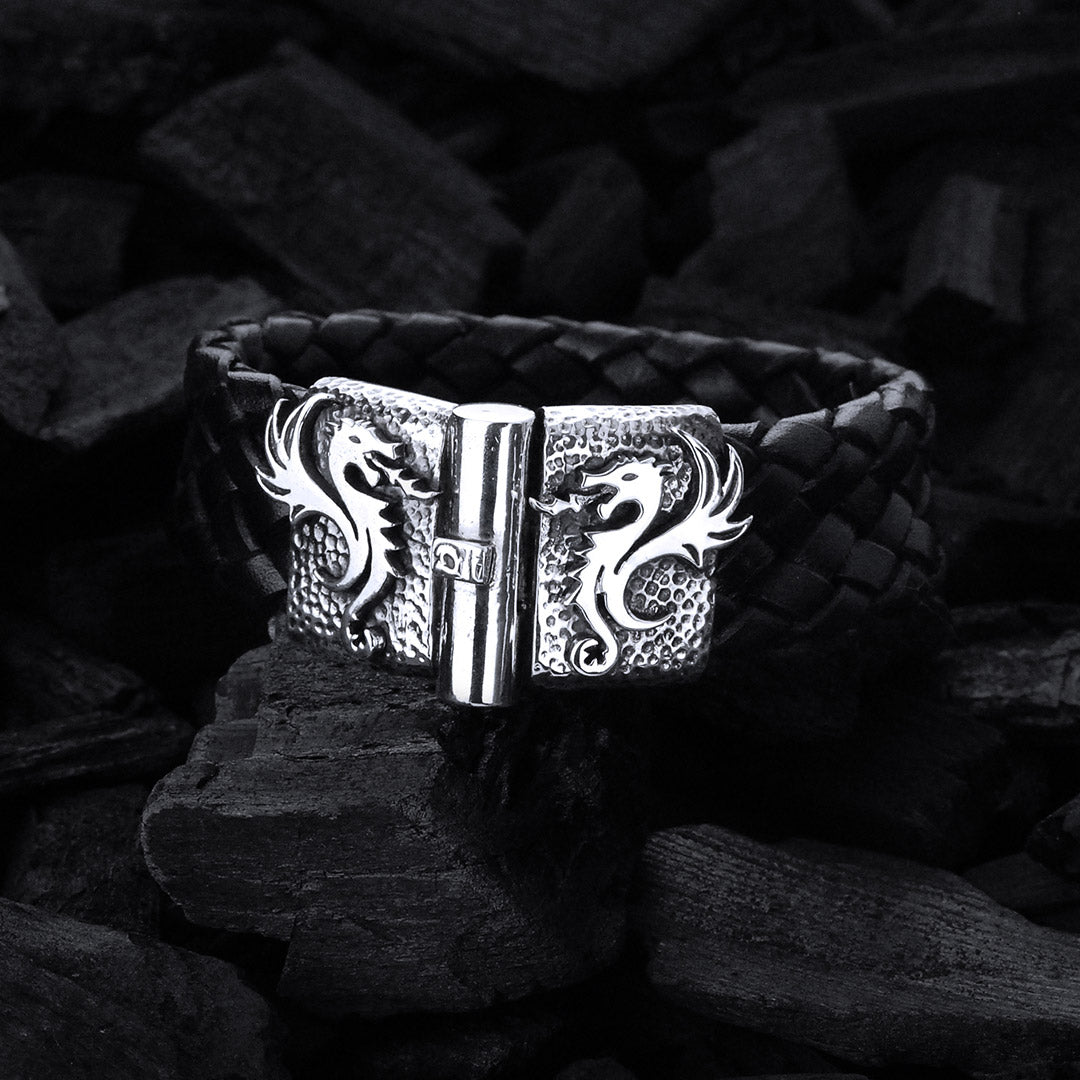 Silver Leather Bracelet DRAGON FIRE Jointlock Hammered 22