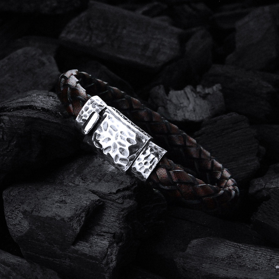 Silver-Leather Bracelet PLAIN hammered  boxlock 10
