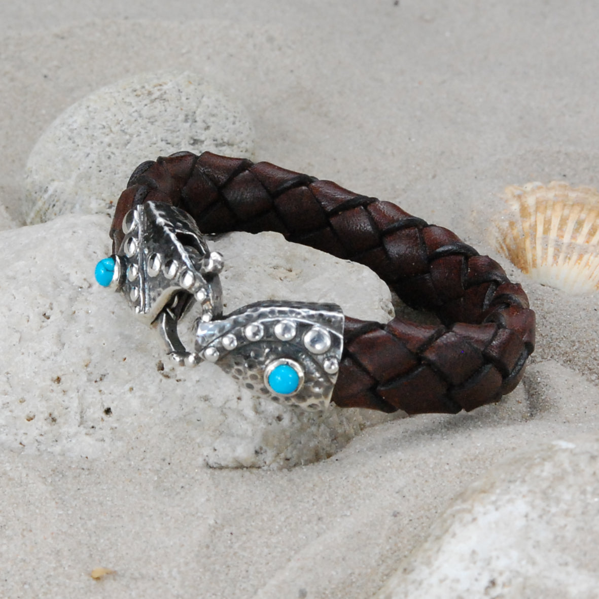 Silber-Lederarmband Hummerkralle gehämmert mit ovalem Stein 13