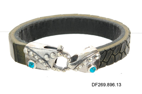Silver-Leather Bracelet LOBSTER CLAW Hammered with Dots and Turquoise 13