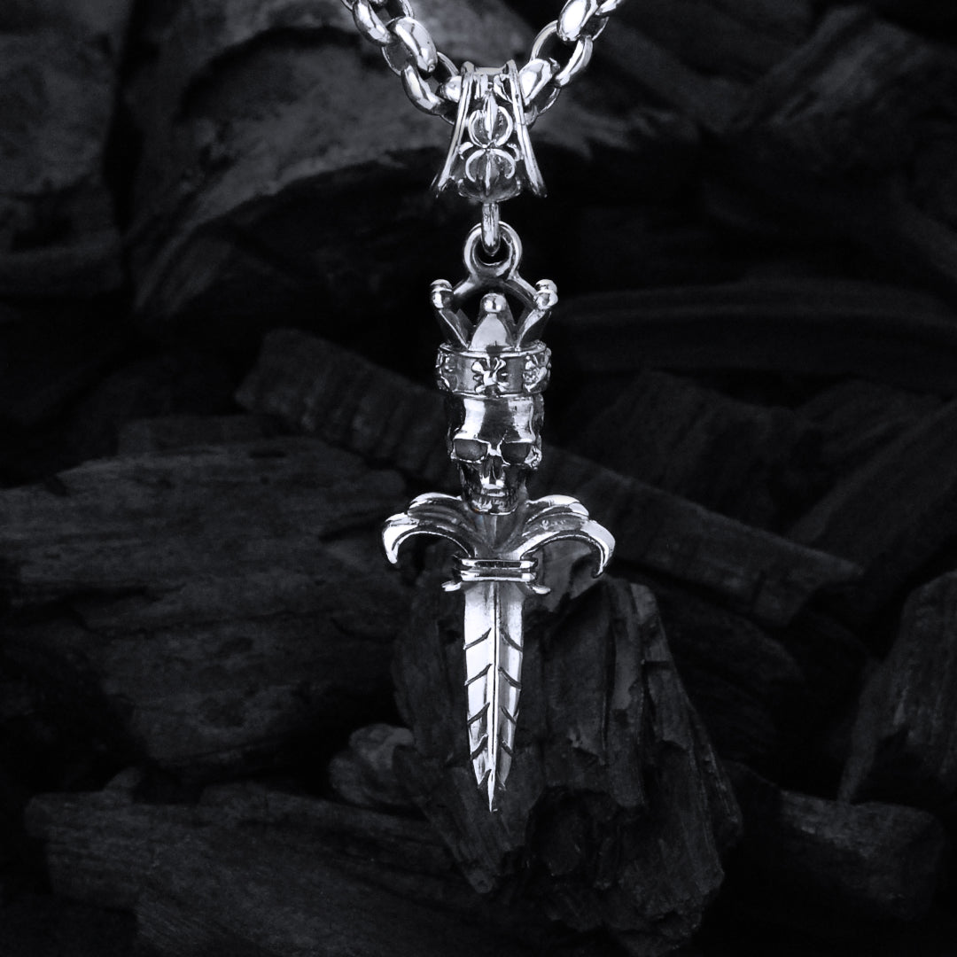 Silver Pendant DAGGER and CROWNED SKULL
