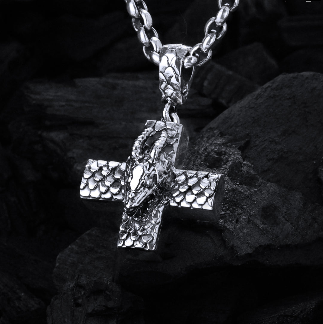 Silver Pendant Greek Cross Body with DRAGON SCALES and DRAGON HEAD