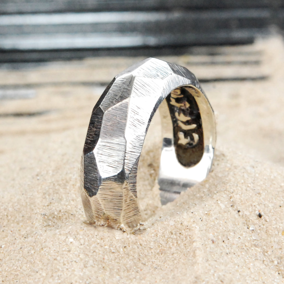 Silver Ring PLAIN ROUGH Faceted 8.5