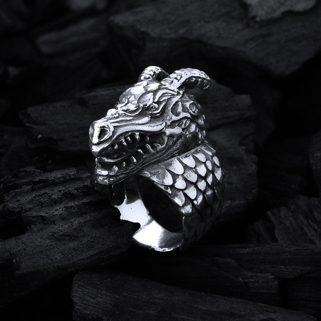 Silver Ring DRAGON SCALES Band and DRAGON HEAD with Diamond Eyes