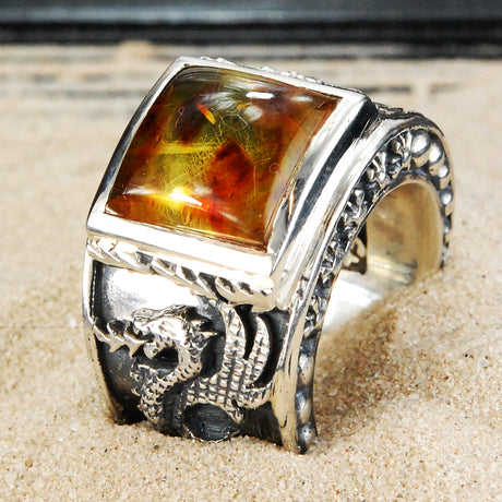 Silver Ring DRAGON FIRE Band  and Care Stone Holder