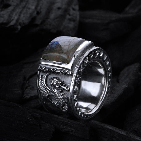 Silver Ring DRAGON FIRE Band  and Care Stone Holder