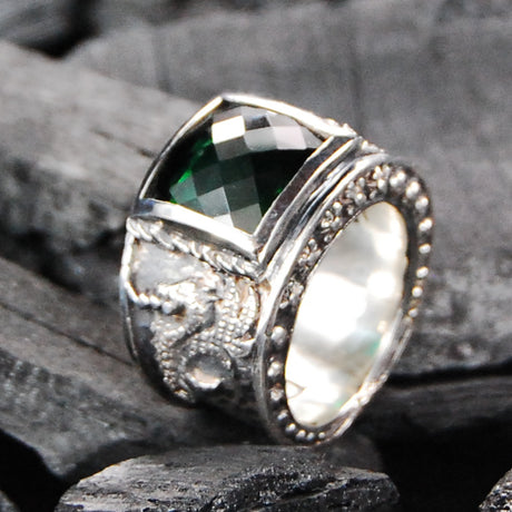 Silver Ring DRAGON FIRE Band  and Care Stone Holder