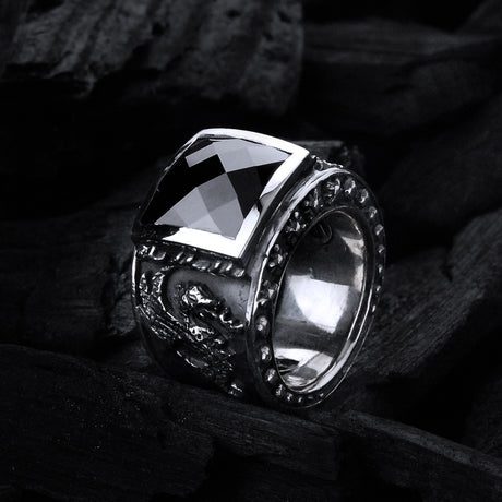 Silver Ring DRAGON FIRE Band  and Care Stone Holder