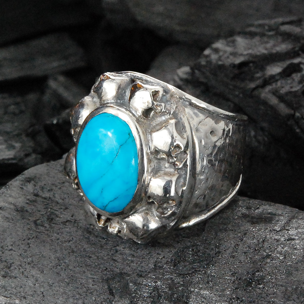 Silver Ring Oval STONE with SKULL Frame