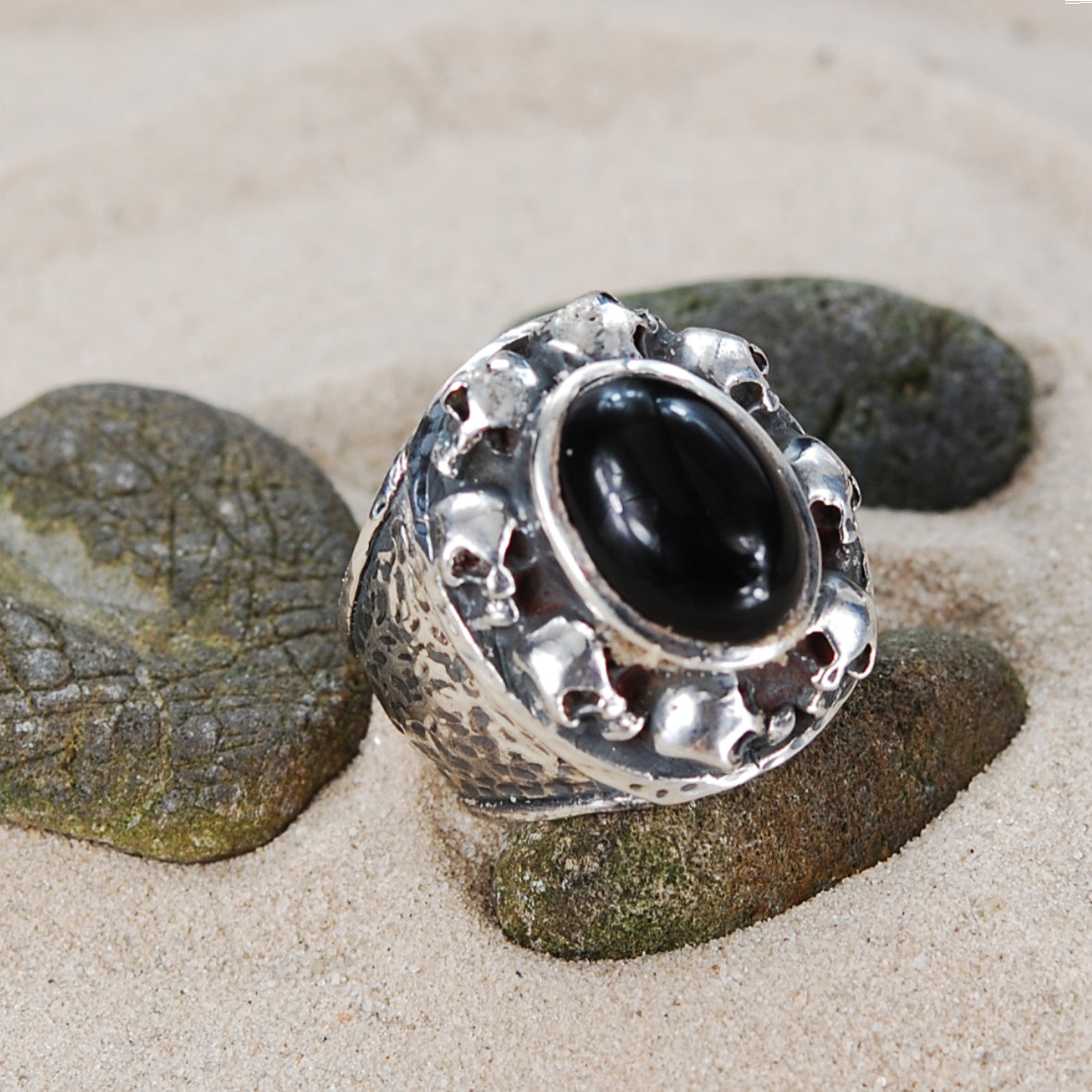 Silver Ring Oval STONE with SKULL Frame