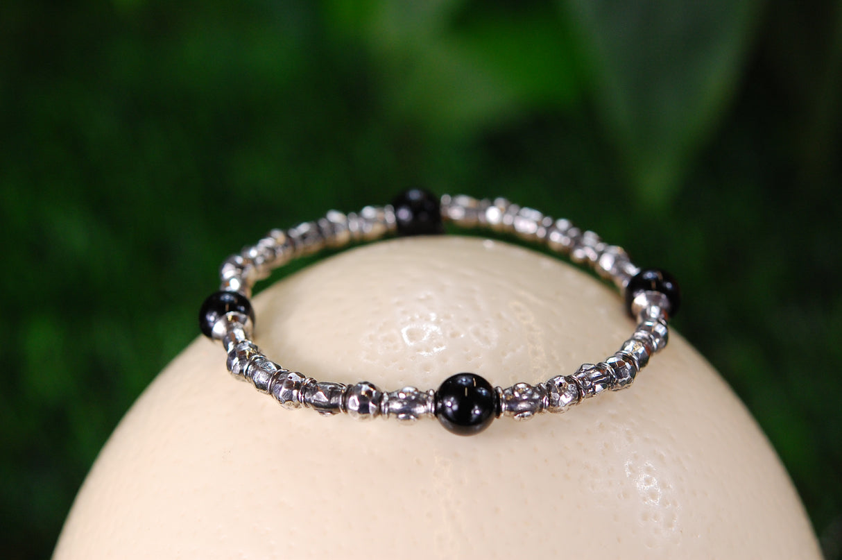 Silver Bracelet Mini TUBES Rough and Stone Beads on Rubber