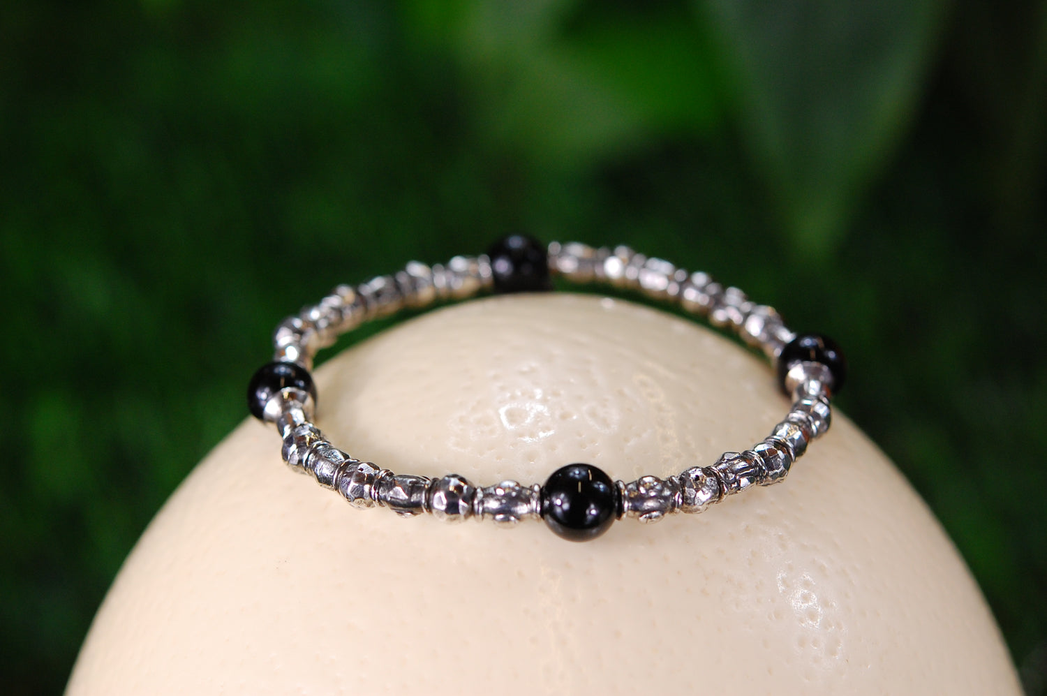 Silver Bracelet Mini TUBES Rough and Stone Beads on Rubber
