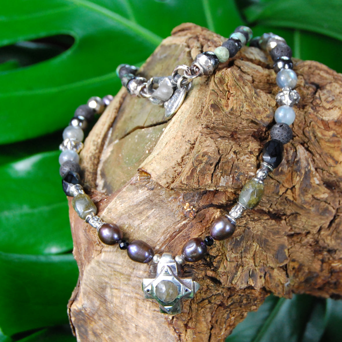 ROCKS BEADS+PEARLS Necklace with Silver Tubes and Balls and GREEK OCTAGON CROSS