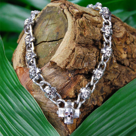 Silver Necklace Greek Skull Crosses Chain with SKULL CROSS Center 20