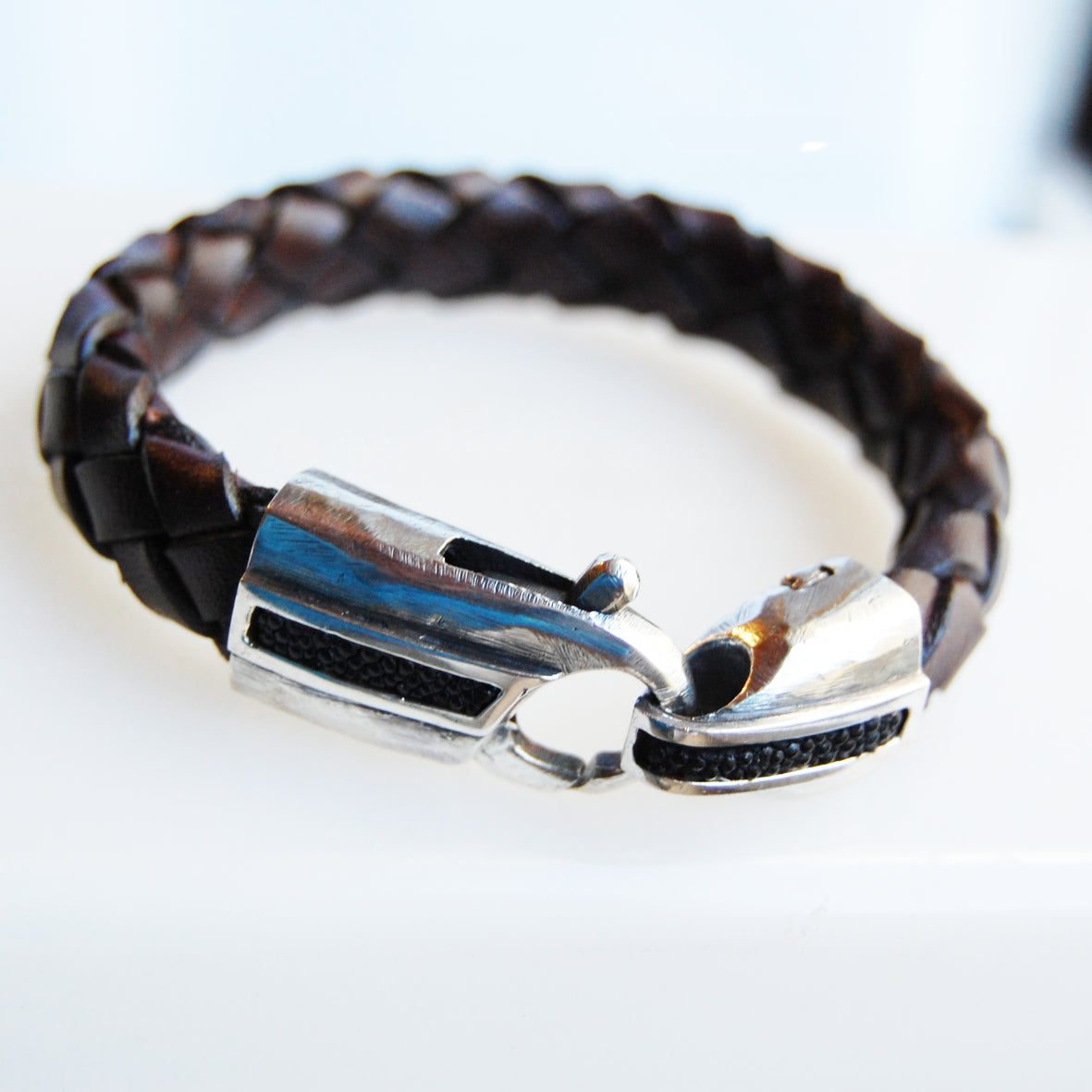 Silbernes Lederarmband LOBSTER CLAW Stripe Searay 13