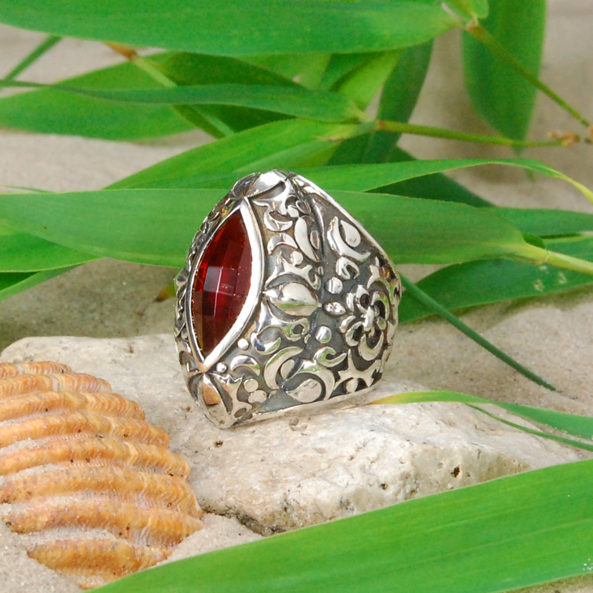 Silver Ring NAVETTE Stone GARDEN AT NIGHT Holder and Band