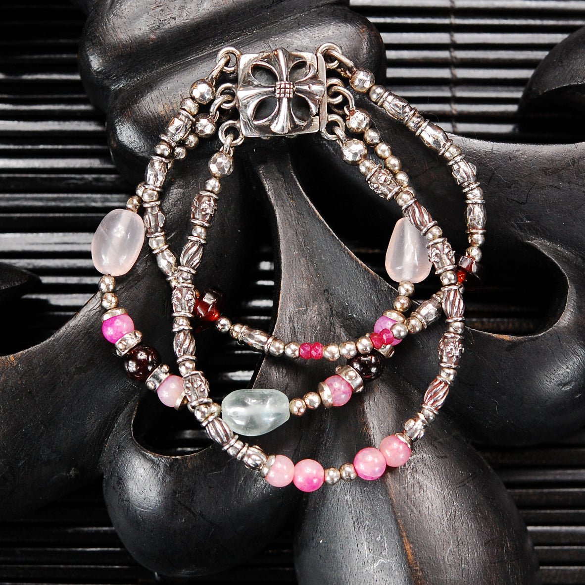 Silver Bracelet Beads and ROCKS with MALTESER CROSS Lock