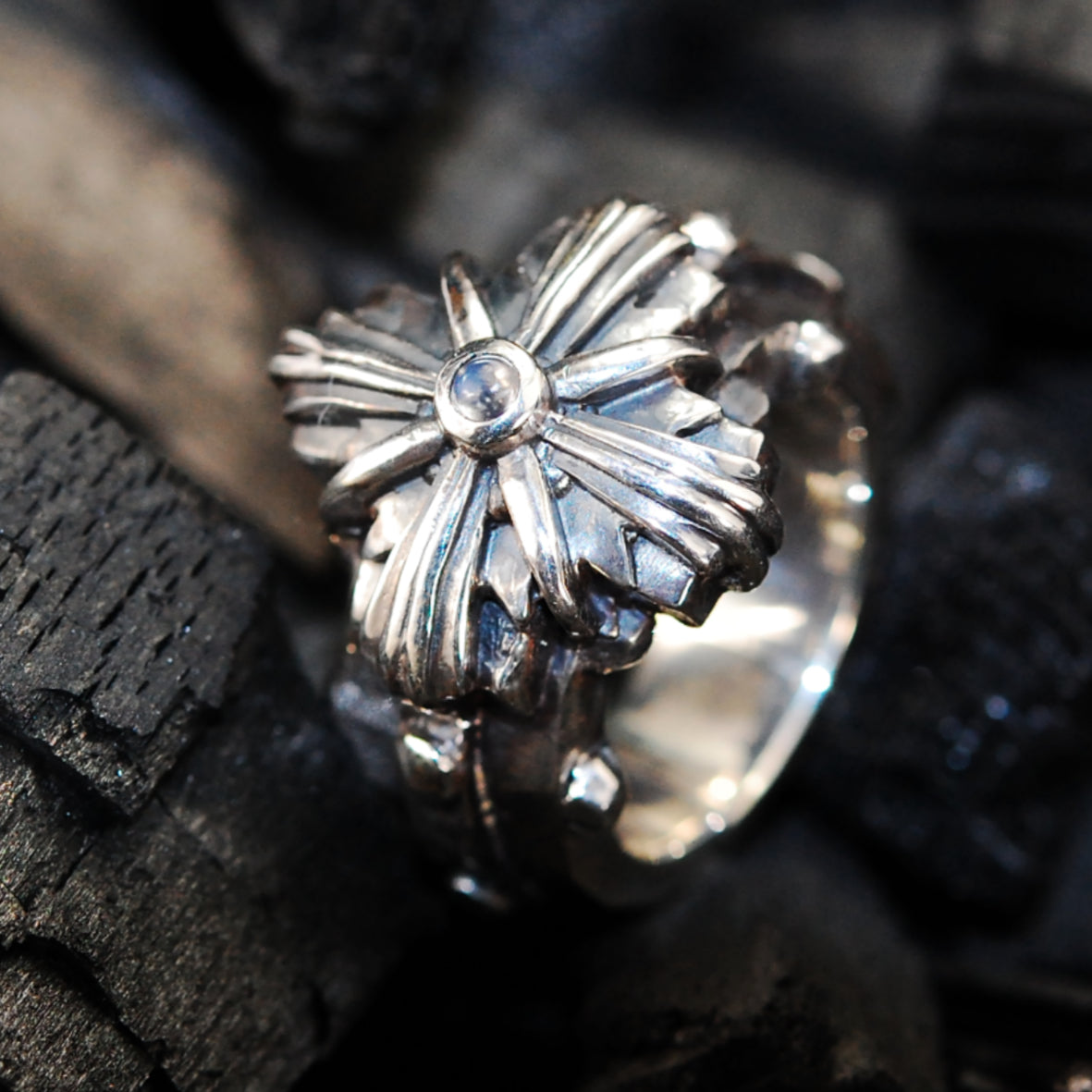 Silver Ring Greek Cross Morning Star on Faceted Rivet Band