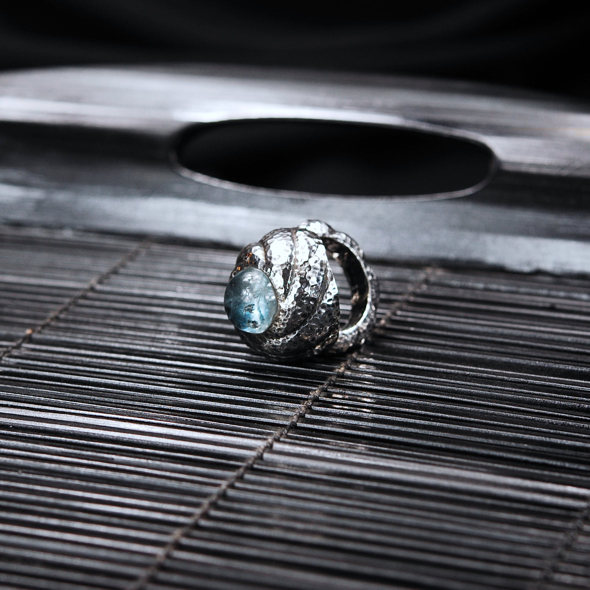 Silver Ring Hammered SPIRAL Band S and Aquamarine