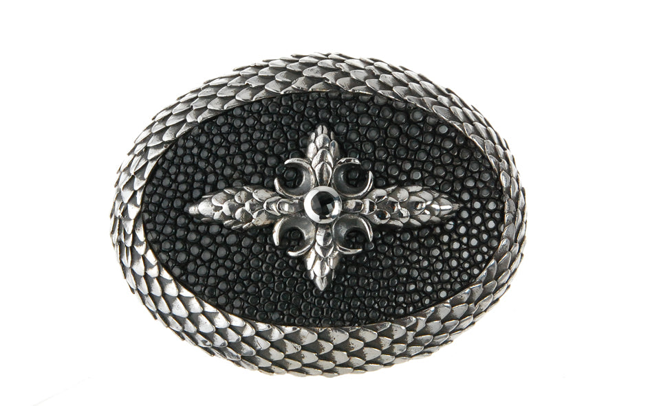 Silver Belt Buckle Oval Dragon Scales Stingray Leather and CrescentCross