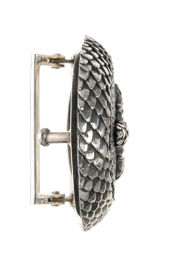Silver Belt Buckle Oval Dragon Scales Stingray Leather and CrescentCross