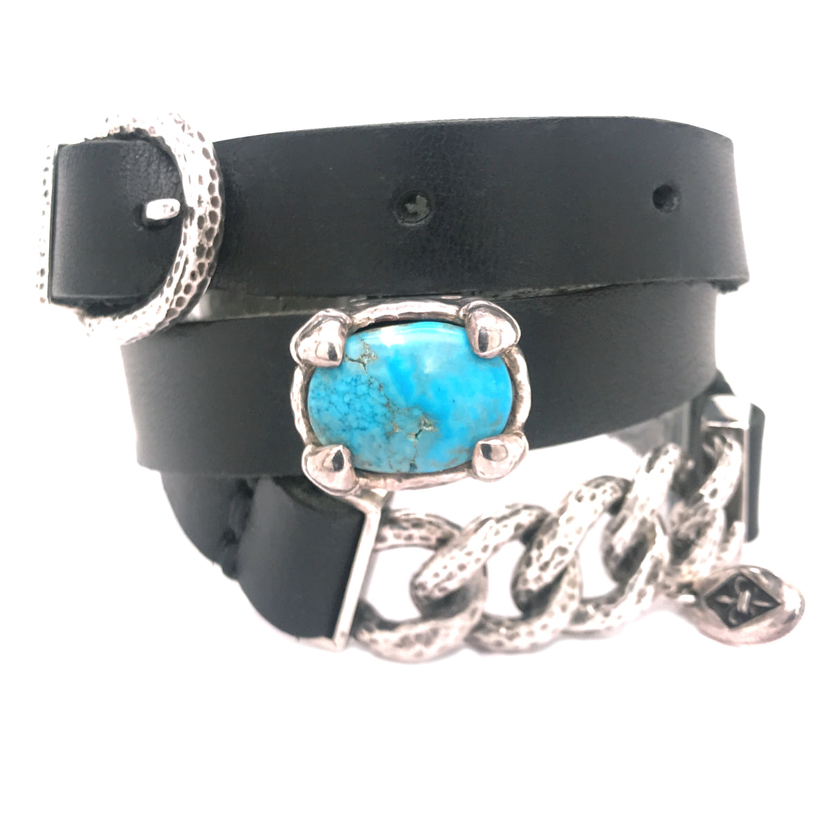 Silver-Leatherband Bracelet Chain2 and Oval Turquoise with Buckle