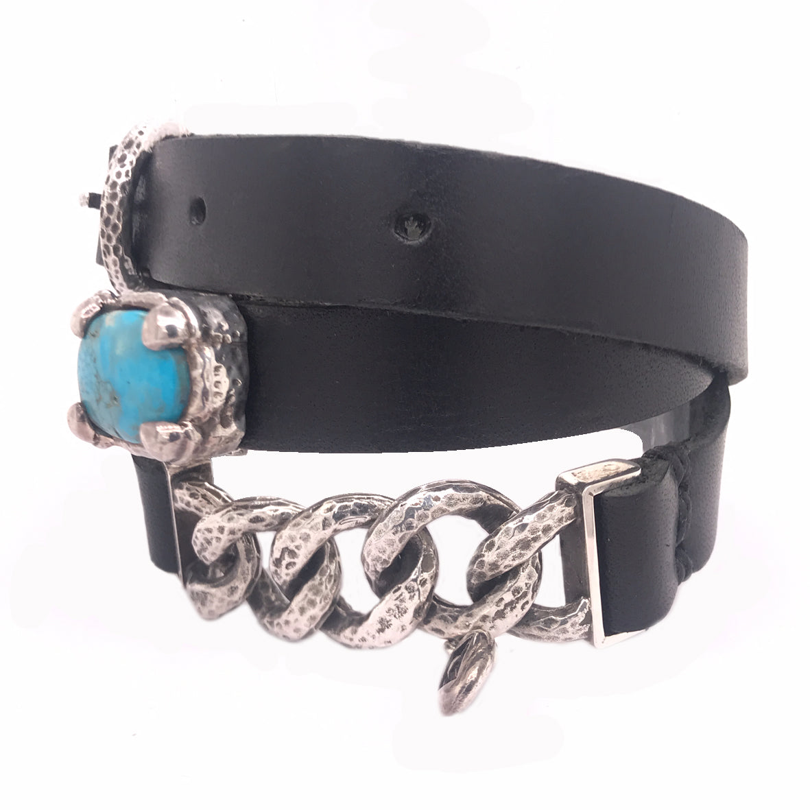 Silver-Leatherband Bracelet Chain2 and Oval Turquoise with Buckle