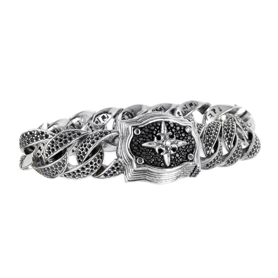 Silver Bracelet BAROQUE frame Searay CRESCENT STAR on Royal Curb Chain