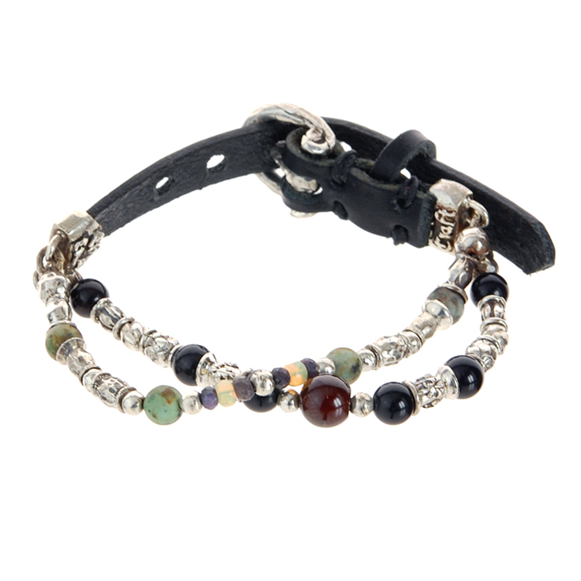 Silver Leather Bracelet TUBES and BEADS Double Strand 10