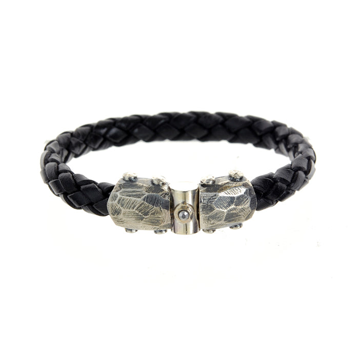 Silver-Leather Bracelet PLAIN Faceted Silver Jointlock with METEORITE 10