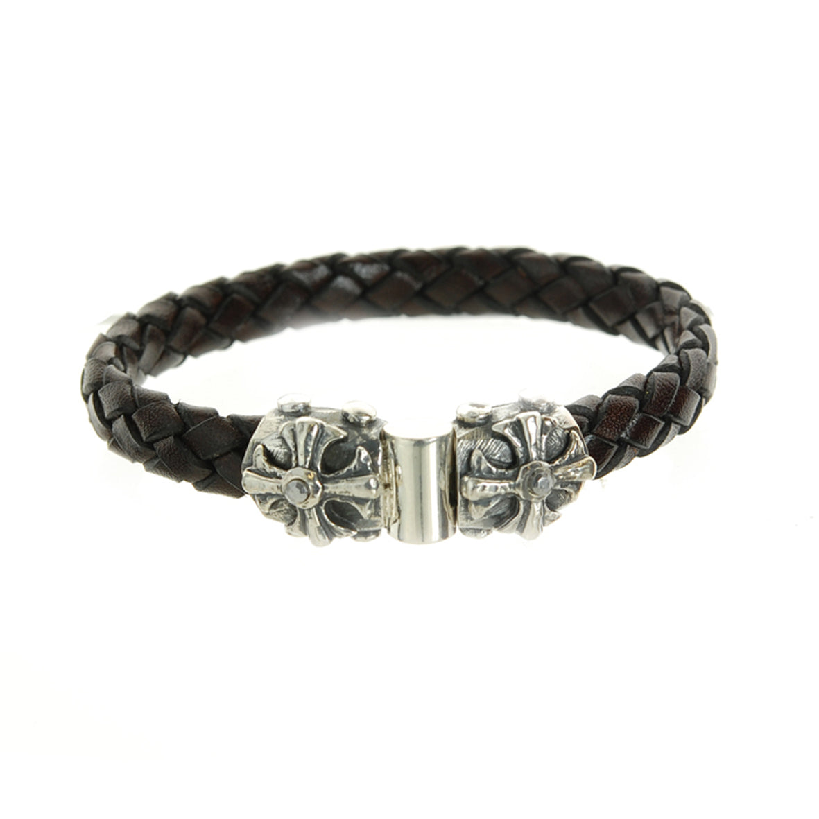 Silver-Leather Bracelet MALTESER CROSS with METEORITE Faceted Silver Jointlock 10