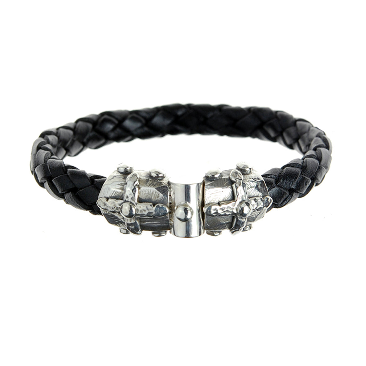 Silver-Leather Bracelet LANCE CROSS Faceted Jointlock + 10mm leather