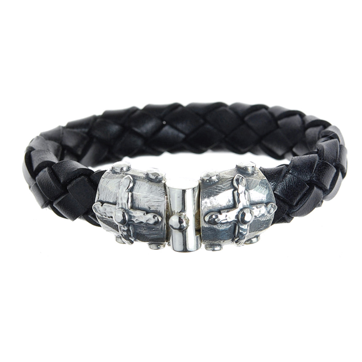 Silver-Leather Bracelet LANCE CROSS on a faceted Silver Jointlock  13