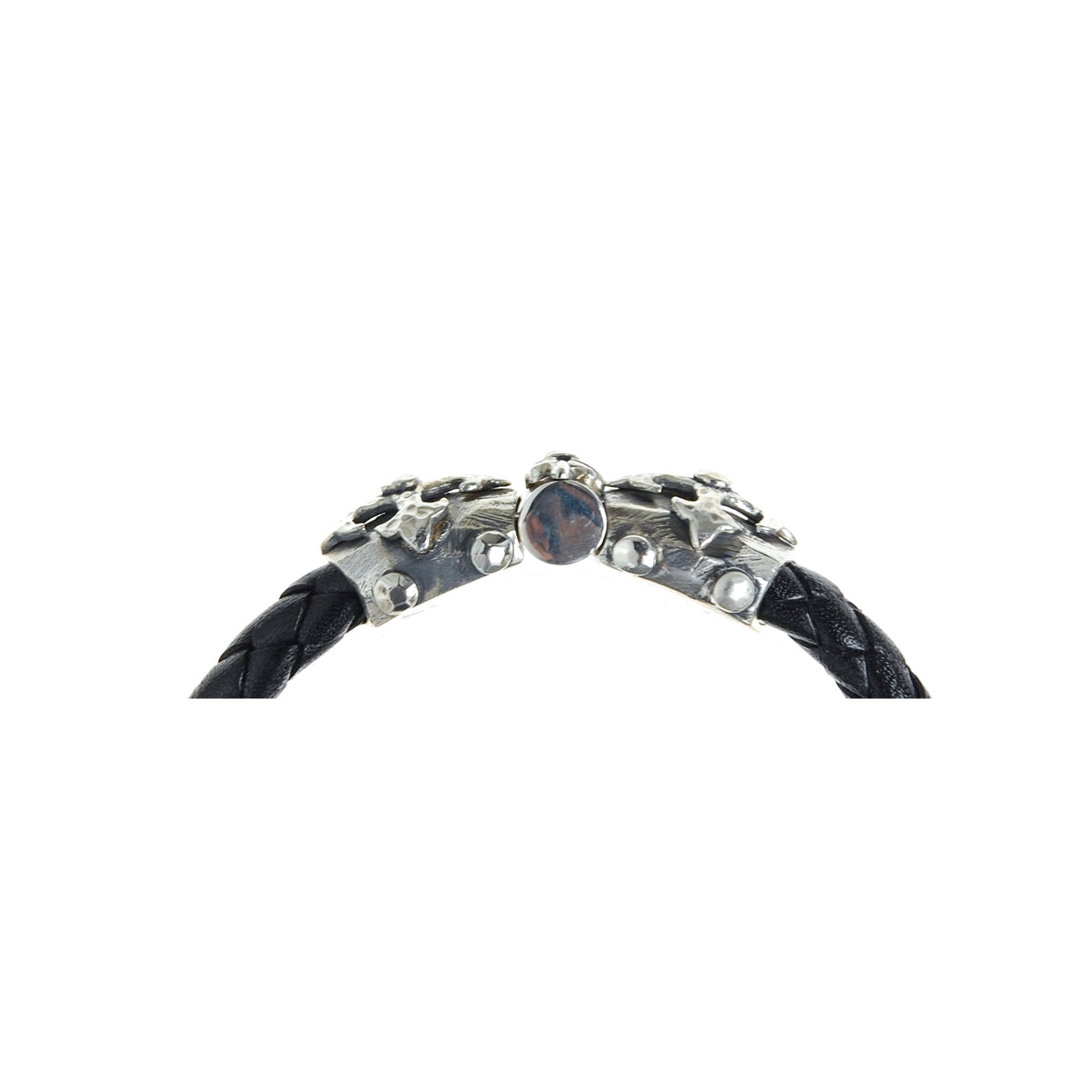 Silver-Leather Bracelet BLADES CROSS faceted Silver Jointlock 6