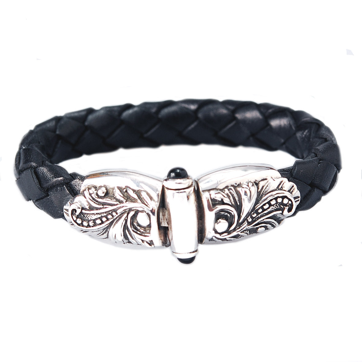 Silver-Leather Bracelet MAGIC PLANT Jointlock with two cabochon stones for 13mm leather