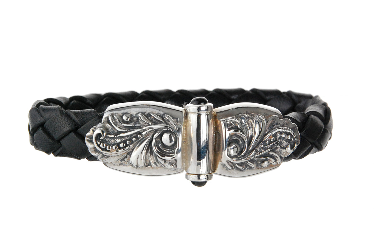 Silver-Leather Bracelet MAGIC PLANT Jointlock with two cabochon stones for 13mm leather