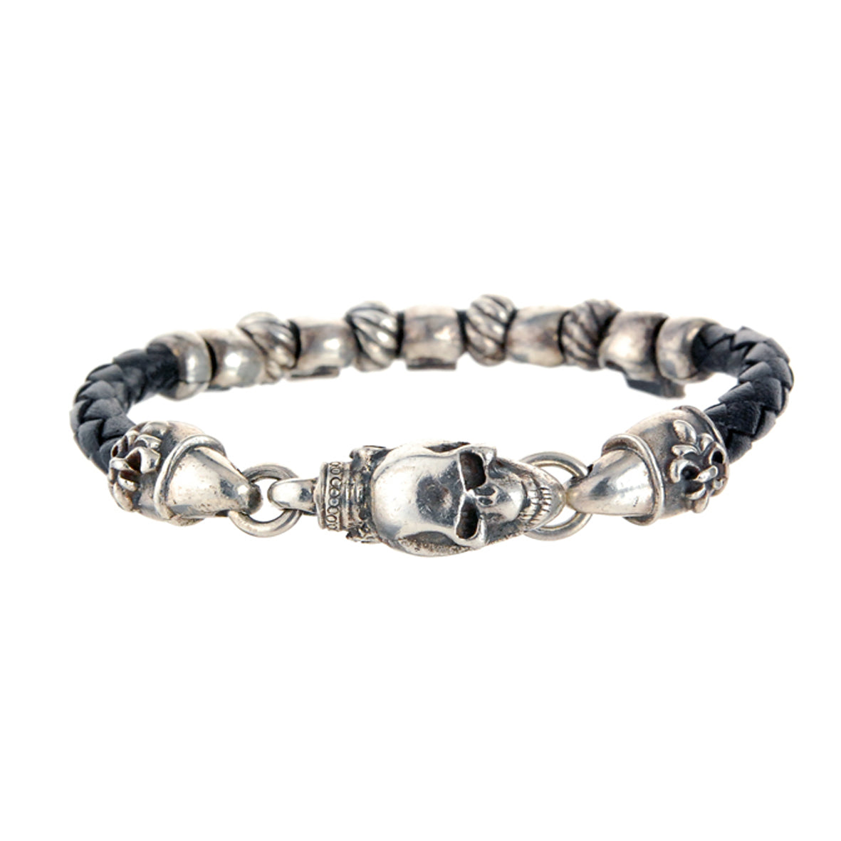 Silber-Lederarmband SKULL Spangenschloss und kleine Totenköpfe Röhren und Ringe für 6 mm Leder