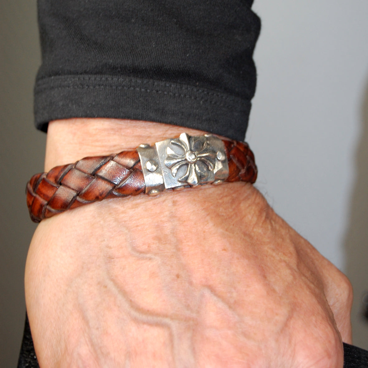 Silver-Leather Bracelet MALTESER CROSS Faceted Boxlock with METEORITE for 13mm leather