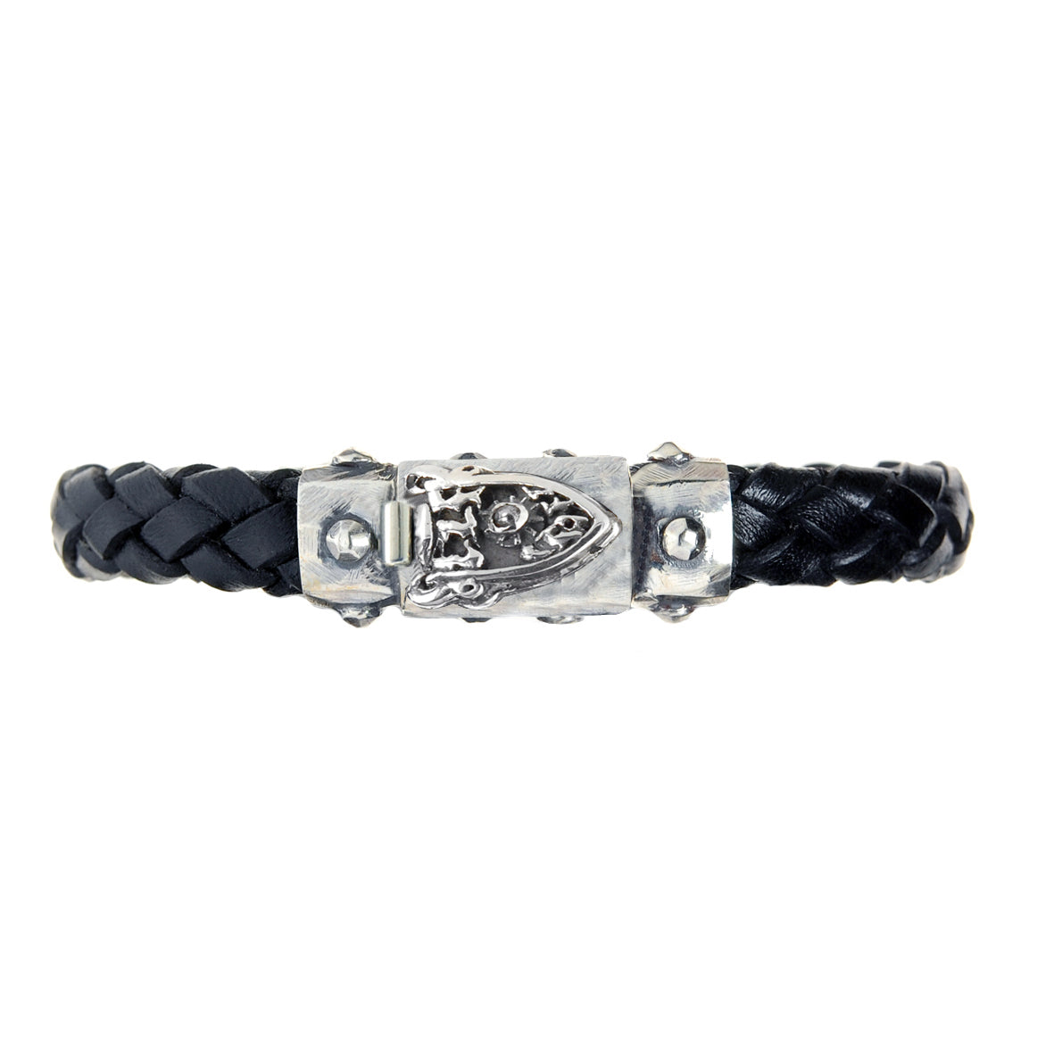 Silver-Leather Bracelet SHIELD Faceted Boxlock for 10mm leather