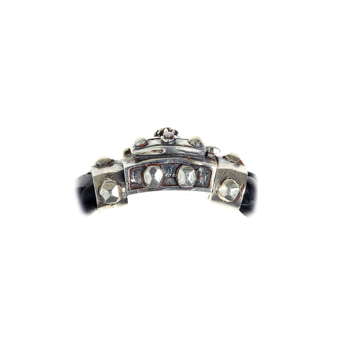 Silver Leather Bracelet CROWN Faceted Boxlock 13