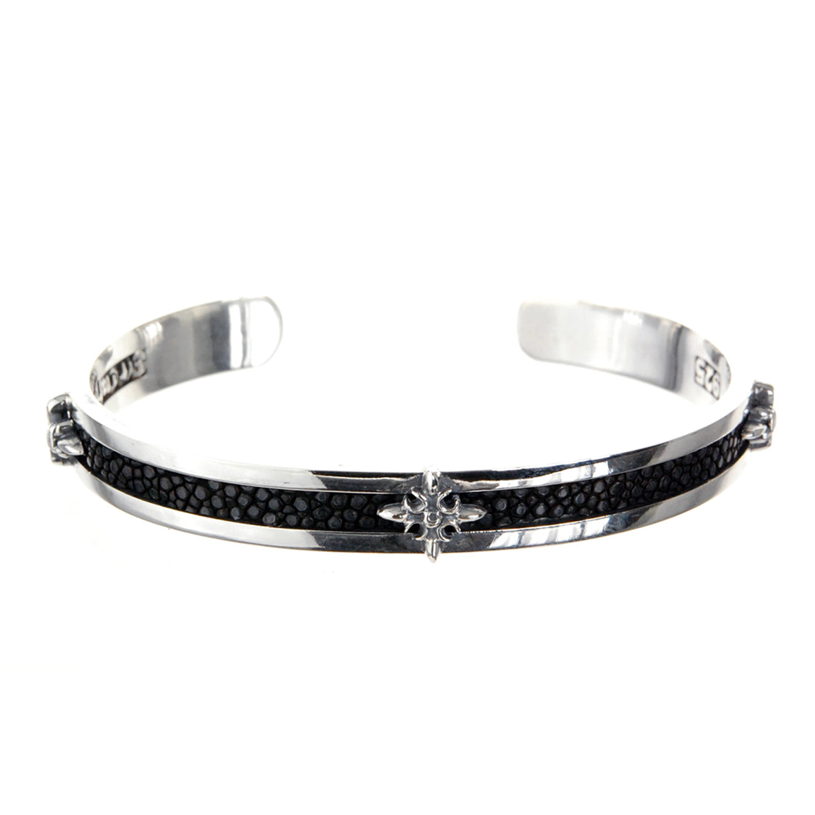 Silver Bangle SEARAY Leather Stripe with LILIES