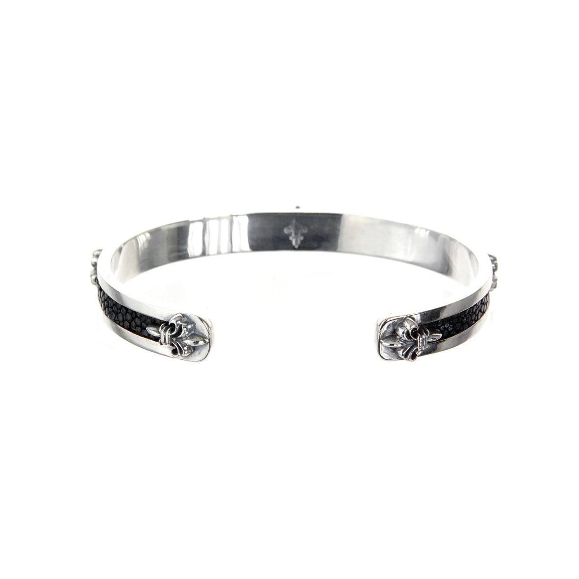 Silver Bangle SEARAY Leather Stripe with LILIES