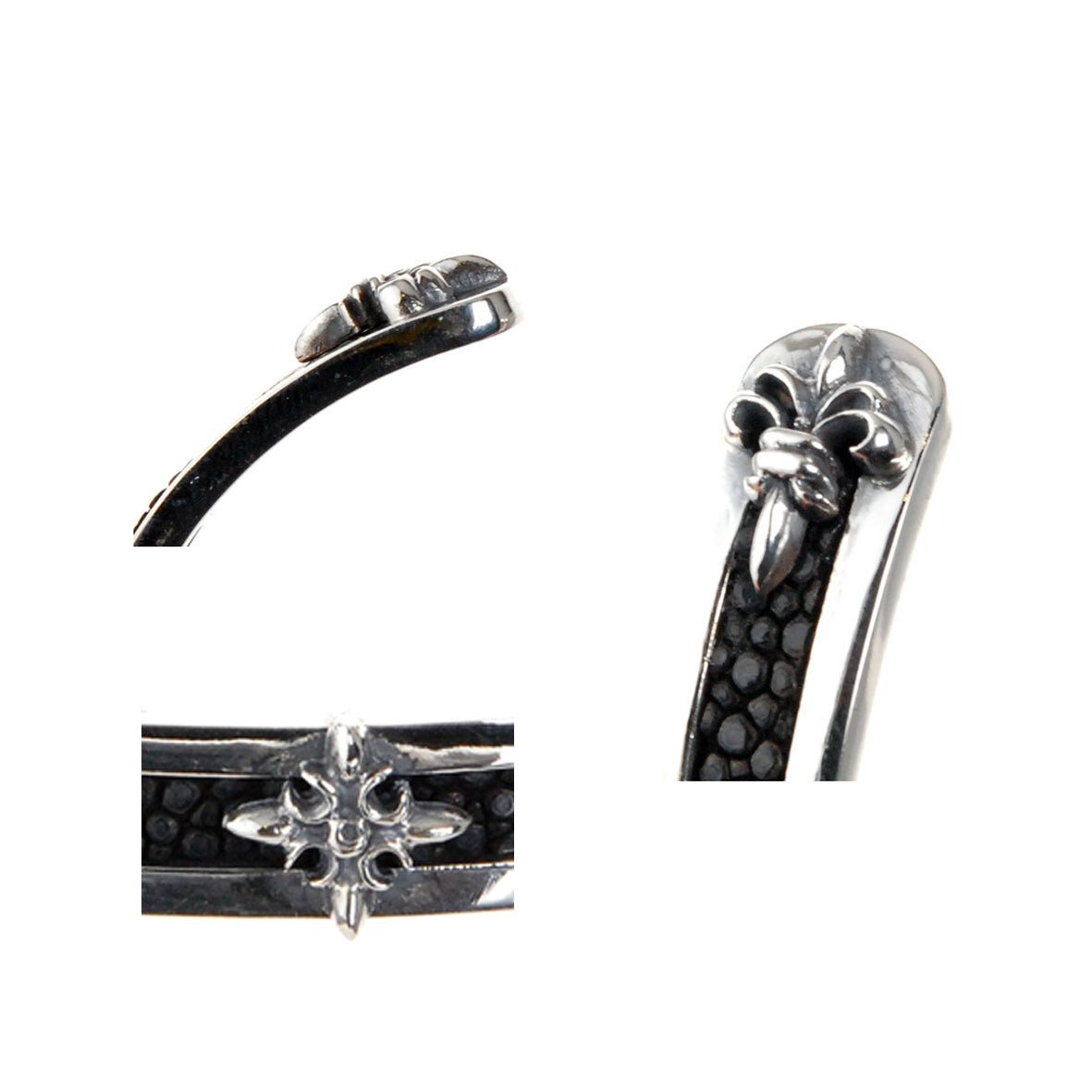 Silver Bangle SEARAY Leather Stripe with LILIES