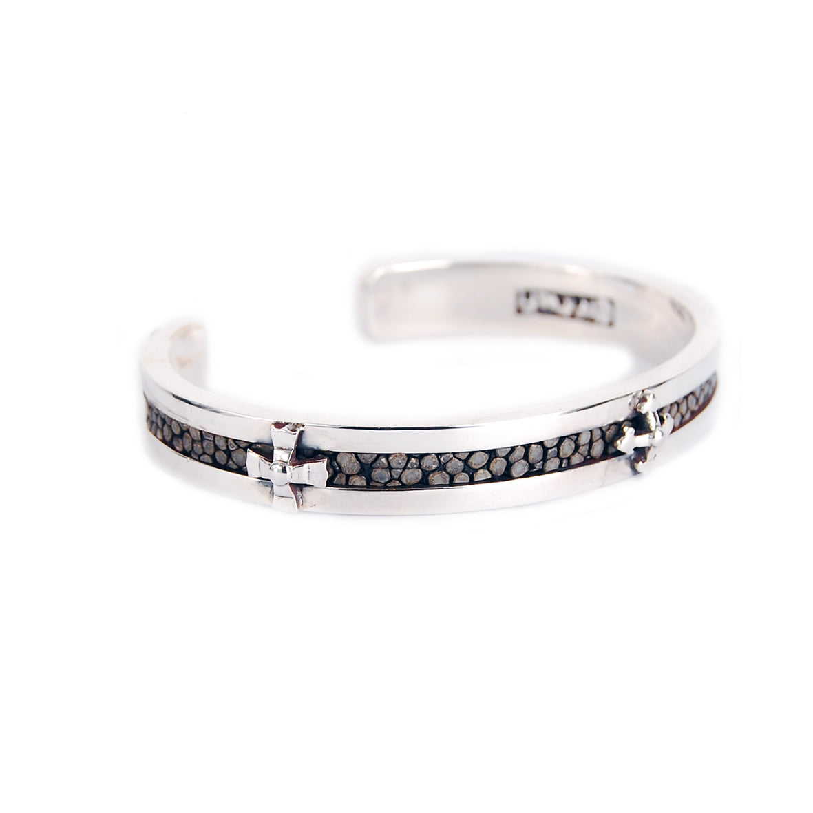 Silver Bangle SEARAY Leather Stripe with Crosses