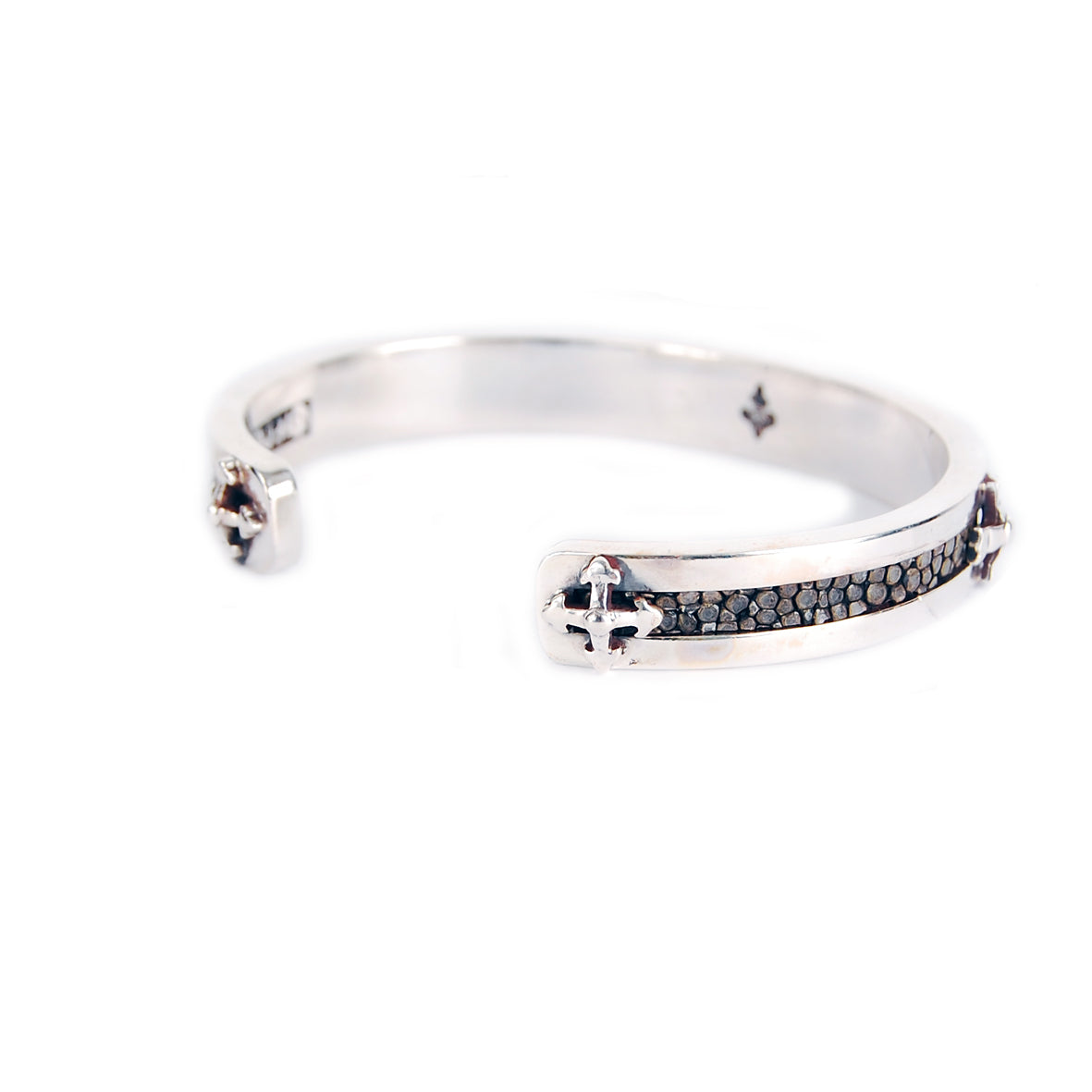 Silver Bangle SEARAY Leather Stripe with Crosses