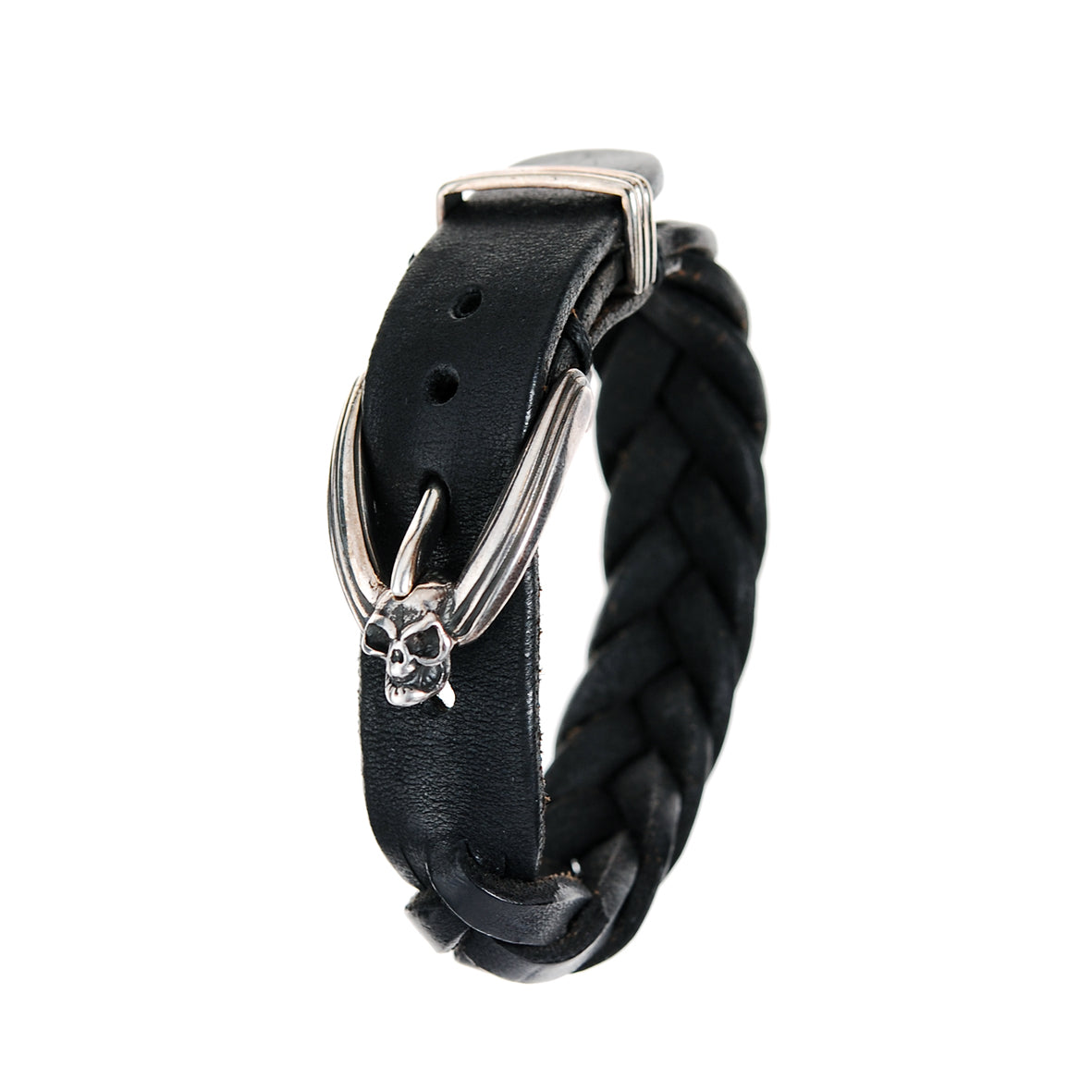 Silver Leather Bracelet Skull Buckle