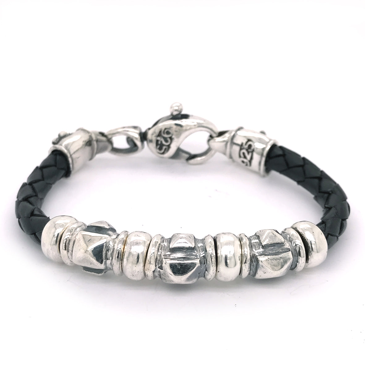 Silver-Leather Bracelet Barrel PYRAMIDES and Carabiner 6