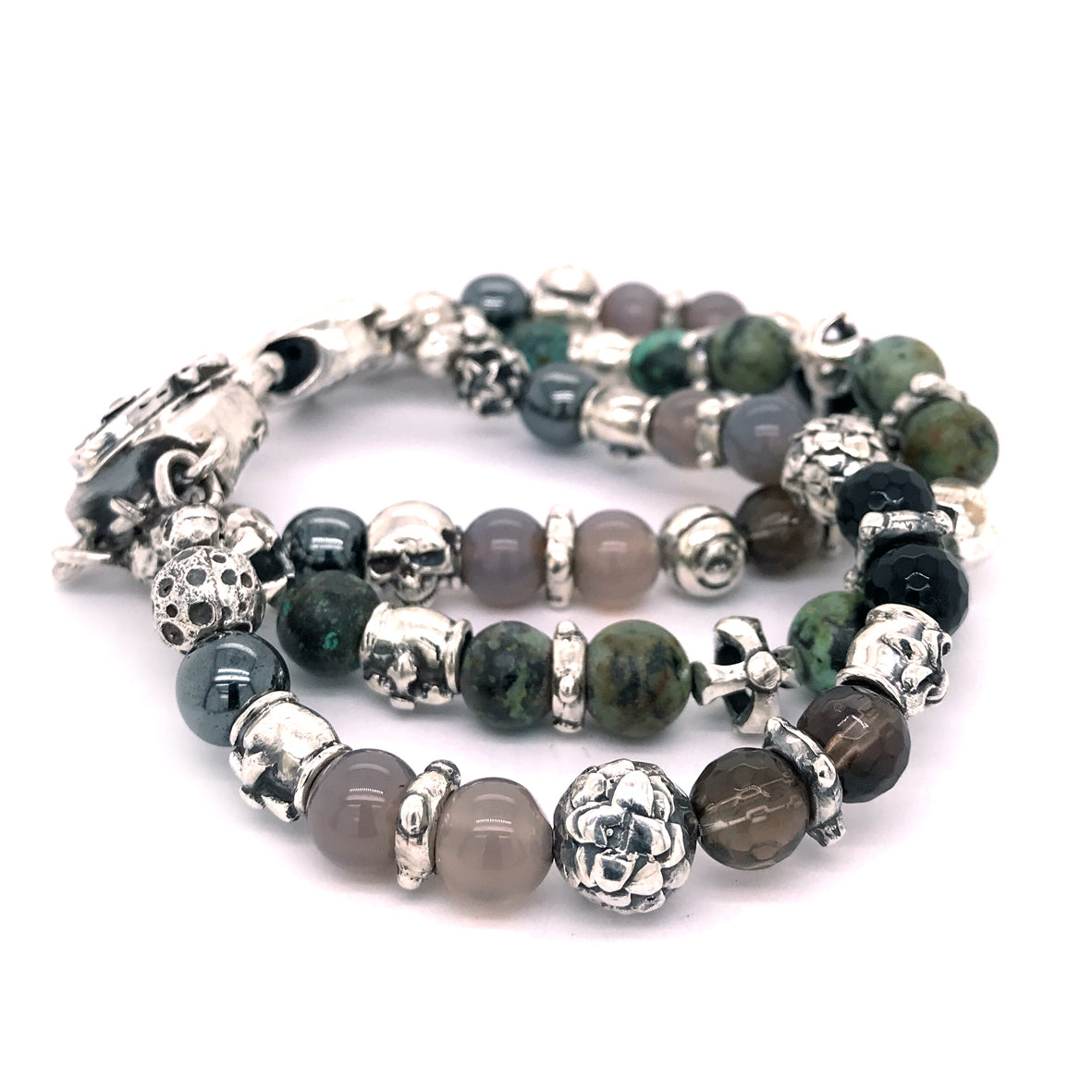 Silver Bracelet BEADS and Silver Balls DRAGON FIRE SKULL LILY and CROSSES Balls